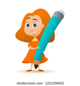 Girl holding a pencil. Illustration in the style of cartoon. Vector illustration