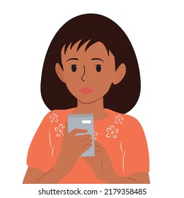 the girl is holding a phone, a call or a message in her hands. Vector flat illustration.