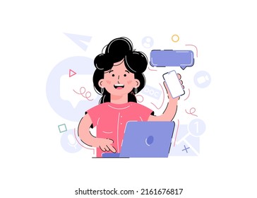 Girl Holding Phone Computer Laptop Her Stock Vector (Royalty Free ...