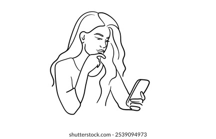 Girl holding phone continuous line art drawing isolated on white background. Lady line art. Vector illustration