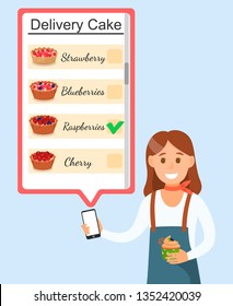 Girl Holding Phone with Delivery Cake Service and Cupcake with Cream and Berry Poster Vector Illustration. Smiling Woman in Uniform Offering Strawberry, Blueberry, Raspberry, Cherry Tarts.