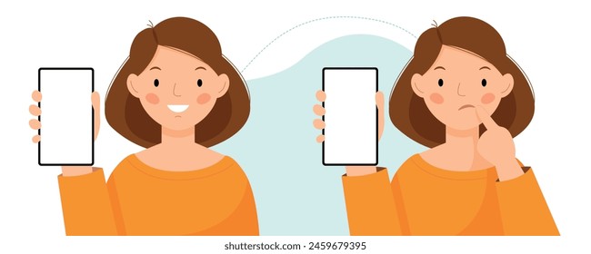 A girl is holding a phone in her hands. A woman shows an empty phone and thinks, doubts, does not trust.The woman shows an empty phone and smiling. 