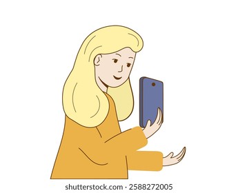 Girl holding the phone in his hand in front of his face and looking at smartphone. Woman looks at her phone screen. Girl stands and talks on video call. Takes pictures. Vector illustration.