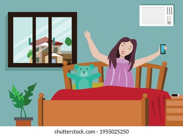 A girl holding a phone on a bed inside an airconditioned bed room. Editable clip Art.