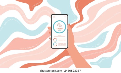 Girl holding phone, on screen step tracking app, pedometer, flat cartoon style illustration, step counter for running or walking for smartphone. Vector