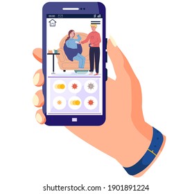 Girl holding phone with photo of treatment process. Guy gives pills to sick girl with headache. Prevention of spread of colds and coronavirus. Editing photo on subject of coronavirus. Man treats woman