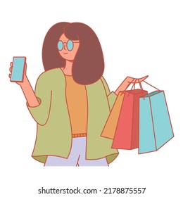 Girl holding a phone and shopping bag vector flat illustration