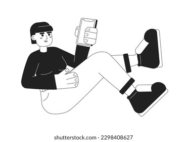 Girl holding phone sitting with legs up monochromatic flat vector character. Enjoy gadget. Editable thin line full body person on white. Simple bw cartoon spot image for web graphic design, animation
