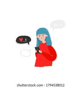 Girl holding the phone and use messenger. Smile and heart, online communication. Modern female avatar in a circle. Design element