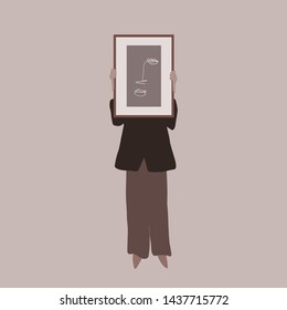 Girl holding a picture with an abstract pattern. Woman artist in trendy clothes shows her creation. Flat female cartoon. 