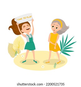 A girl is holding a piece of paper with the text Time to play, the other girl is looking at her. Vector illustration