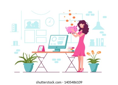 Girl holding piggy bank vector illustration. Cartoon smiling woman in pink dress standing with moneybox in office flat design. Open online banking app on screen of computer. Saving money concept