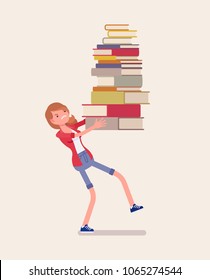 Girl holding a pile of books. Unhappy student annoyed with too much homework to do, heap of textbooks to read for test or exam, load with burden of information. Vector flat style cartoon illustration