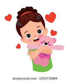 A girl holding a pink teddy bear with red hearts on her head.