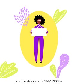 Girl holding placard, oval background with abstract plants - Woman protester, activist - Fight for rights, social movement concept - Character with poster in hands, vector illustration