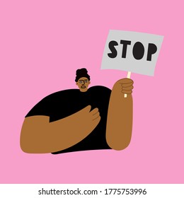 Girl holding placard - stop. Hand drawn graphic design illustration on pink background.