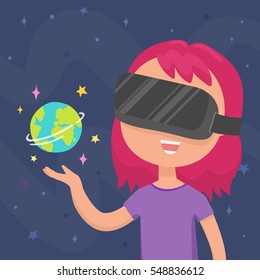 Girl holding planet Art at her hand in a virtual reality glasses. Vector cartoon illustration