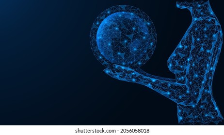 The girl is holding the planet Earth in her hands. A low-poly construction of interconnected lines and dots. Blue background.
