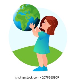 Girl holding planet earth in her hand. Saving environment concept. Earth Day