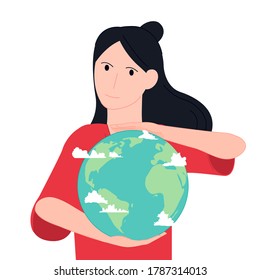 Girl holding the planet vector illustration cartoon flat design modern style 