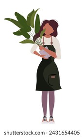 Girl is holding a plant in a pot. Woman florist. Home garden, gardening, plant lover concept. vector illustration for poster, banner, cover. Flat design. Isolated on white background