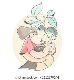 girl holding plant and soil nature illustration