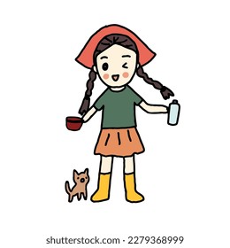 Girl holding plastic bottle and cup for re-used, and dog standing also, hand drawn vector llustration