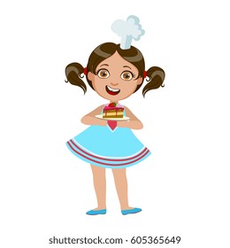 Girl Holding Plate With Piece Of Cake, Cute Kid In Chief Toque Hat Cooking Food Vector Illustration