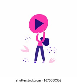 Girl holding play button flat vector illustration. Young woman with multimedia symbol cartoon character isolated on white background. Modern recreation, music and video streaming design element