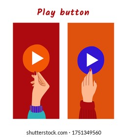 Girl holding play button flat vector illustration. Young woman with multimedia symbol cartoon character isolated on white background. Modern recreation, music and video streaming design element