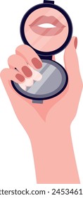 The girl is holding a pocket mirror with her pink lips reflected in it.