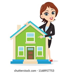 Girl holding and pointing real estate house home for rent buy sale property business smart lady presenter