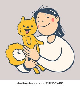 The girl is holding a pomeranian in her arms.  Vector illustration in cartoon style.