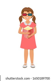 Girl holding popcorn vector, kid wearing 3d glasses to watch film, young lady eating snack with salt, child with ponytail hairstyle, person in cinema hall