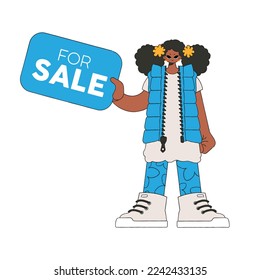 The girl is holding a Poster For Sale. Attractive bright style.