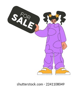 The girl is holding a Poster For Sale. Trendy bright style.