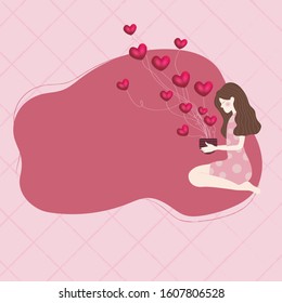 girl holding a pot of balloon heart in sweet pink  background,vector symbols of love for Happy Valentine's Day greeting card design.