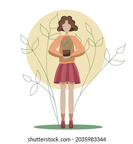 The girl is holding a pot with a plant. The concept of preserving our planet. A girl without a face. Flat style. Vector illustration