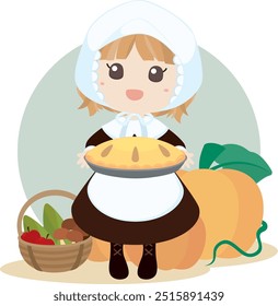 Girl Holding Pumpkin Pie with Harvest Basket