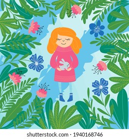 The girl is holding a rabbit in her arms. Floral and deciduous plant frame. Spring and Easter illustration for postcard, banner, web, poster.