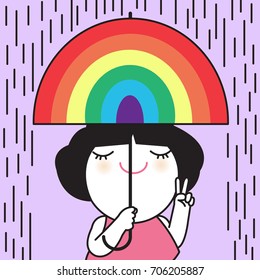 Girl Holding Rainbow Umbrella While Showing Her Thumbs Up Finger Number Two Cheer Up Hand Sign Concept Card Character illustration