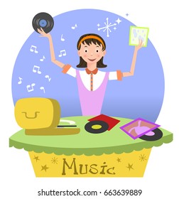 Girl holding records while music comes from a vintage record player (vector illustration)