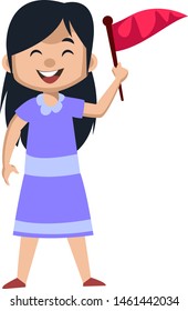 Girl holding red flag, illustration, vector on white background.