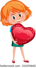 A girl holding a red heart in cartoon style illustration