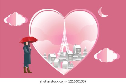 Girl holding red umbrella with cityscape on background in winter season, Vector and illustration paper art and craft design