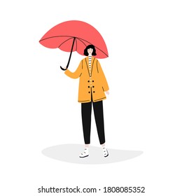 Girl holding red umbrella, dressed in stylish clothes. Cute happy young woman enjoying the walk. Rainy day, autumn illustration. Vector.