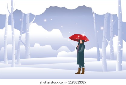 Girl holding red umbrella with landscape on background in winter season, paper art and craft style
