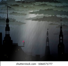 girl holding red umbrella and looking at the raining sky, vector