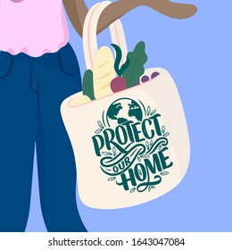 Girl is holding reusable eco bag with lettering quote. Cute female character. Caring for the environment. Shopping without waste. Isolated, flat design. Vector illustration