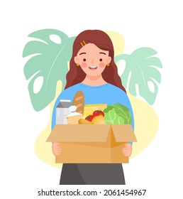 Girl Holding Reuse Cardboard Box With Green Grocer. Reusable Box Of Fruits, Vegetables, Milk, Bread. Food Products In Eco Package. Organic Products From Farm. Flat Vector Illustration.